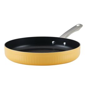 Style 11.25 Inch Nonstick Cookware Deep Round Grill Pan, Dishwasher Safe and Oven Safe to 500°F, Yellow